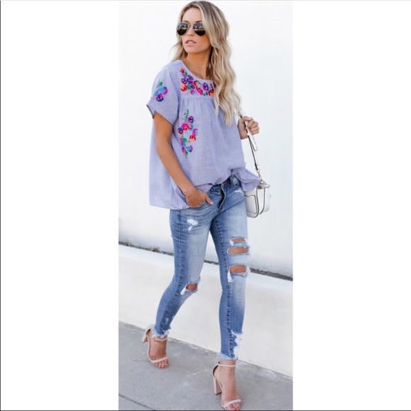 HOST PICK 3x🎉 Blue & White Stripe Embroidered Top - Picture 6 of 8